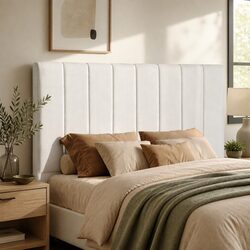 Double Bed Head Headboard Linen Fabric Beige Vertical Stripe Bedroom Furniture