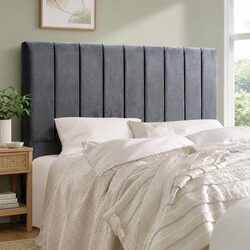 Double Bed Headboard in Grey Velvet with Vertical Lines