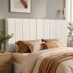 Linen Fabric Bed Headboard Queen Size 153cm Beige Vertical Stripe Design