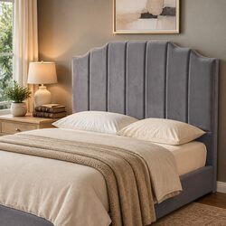 Double Bed Headboard 138cm Velvet Grey Art Deco Stripe