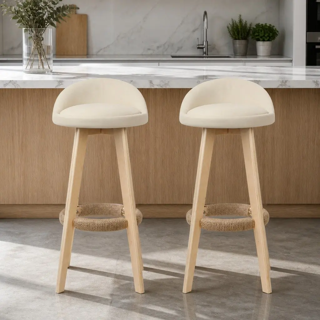 Bar Stools Padded Leather Wooden Beige Swivel 360 Degree Footrest Comfortable