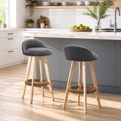 Set of 2 Grey Swivel Bar Stools with Wooden Frame