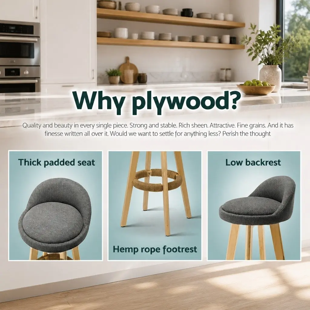Bar Stools Padded Faux-Linen Grey Wooden Swivel 360 Degrees Footrest Set of 2