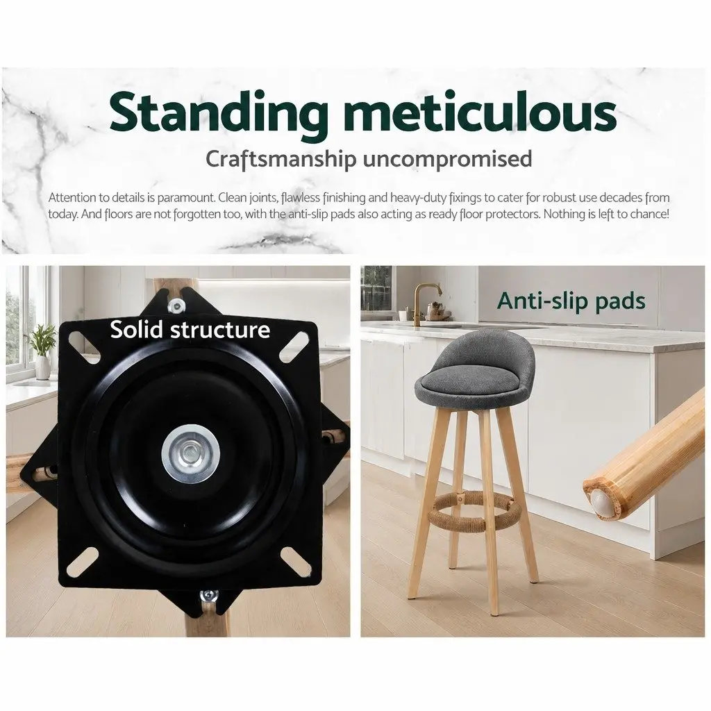 Bar Stools Padded Faux-Linen Grey Wooden Swivel 360 Degrees Footrest Set of 2