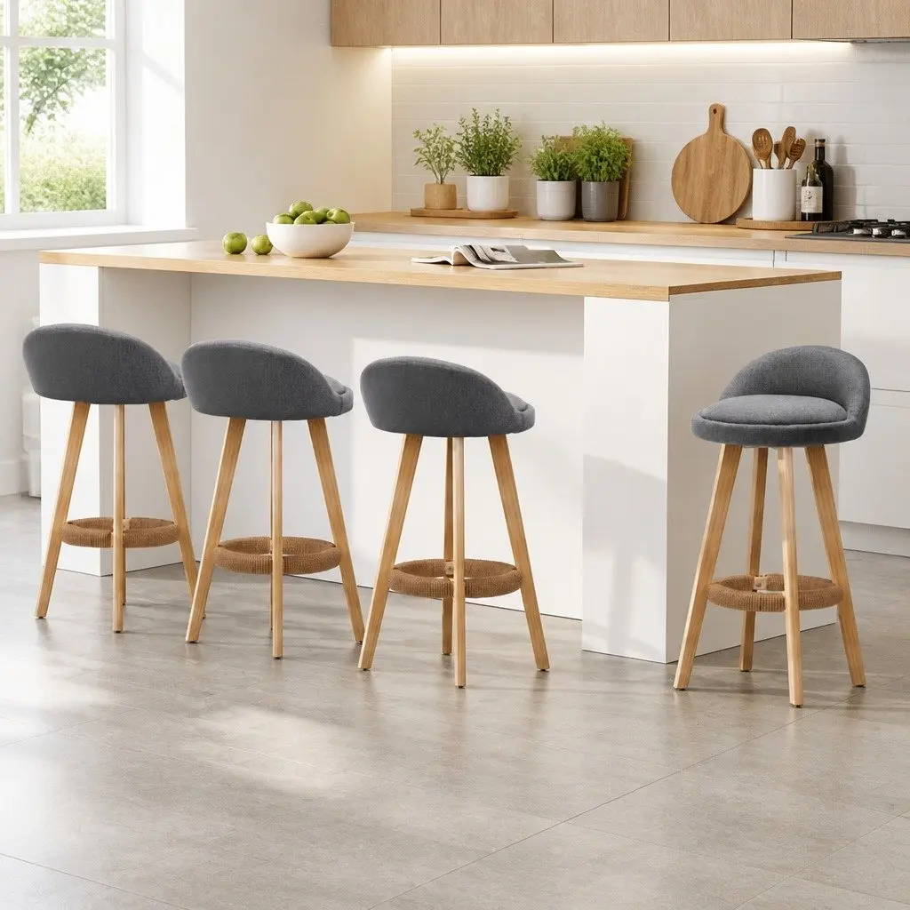 Bar Stools Set of 4 Padded Linen Seat Bentwood Frame Grey Dining Kitchen