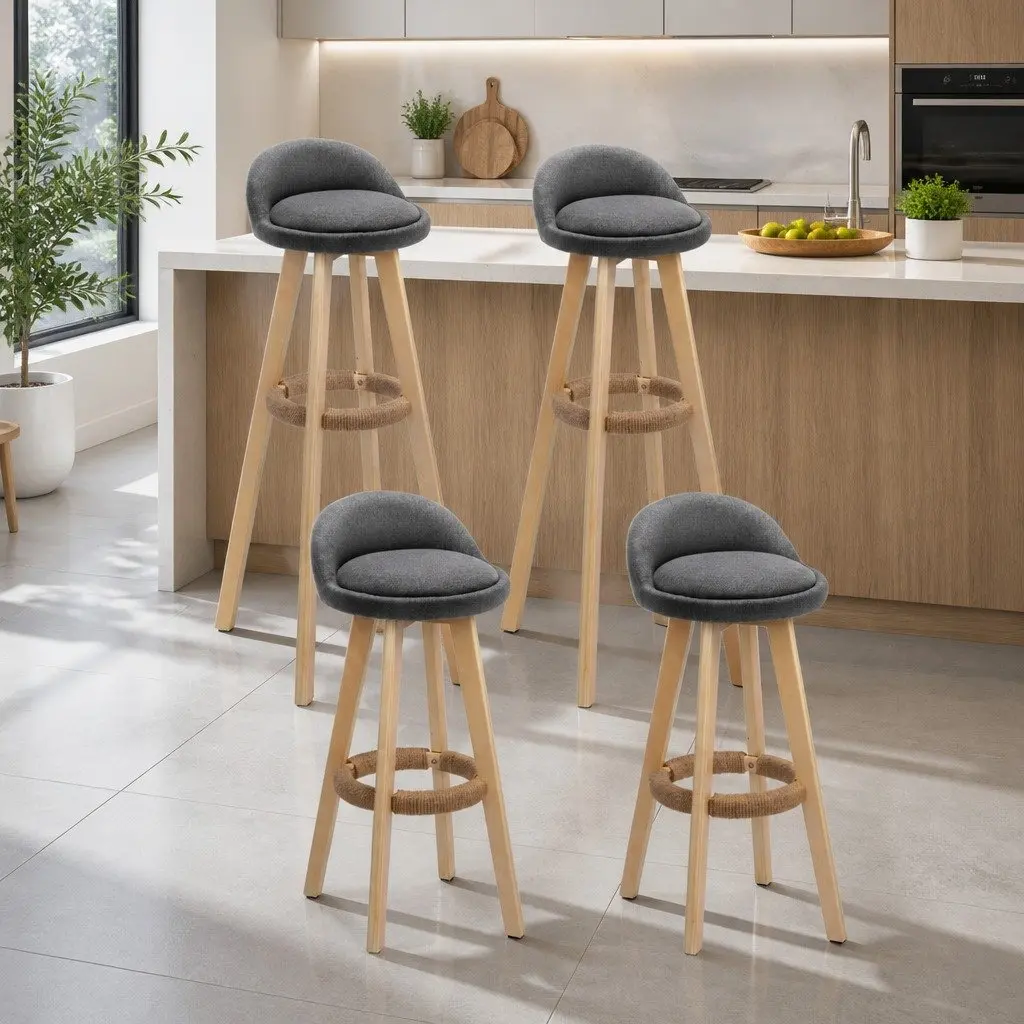 Bar Stools Set of 4 Padded Linen Seat Bentwood Frame Grey Dining Kitchen