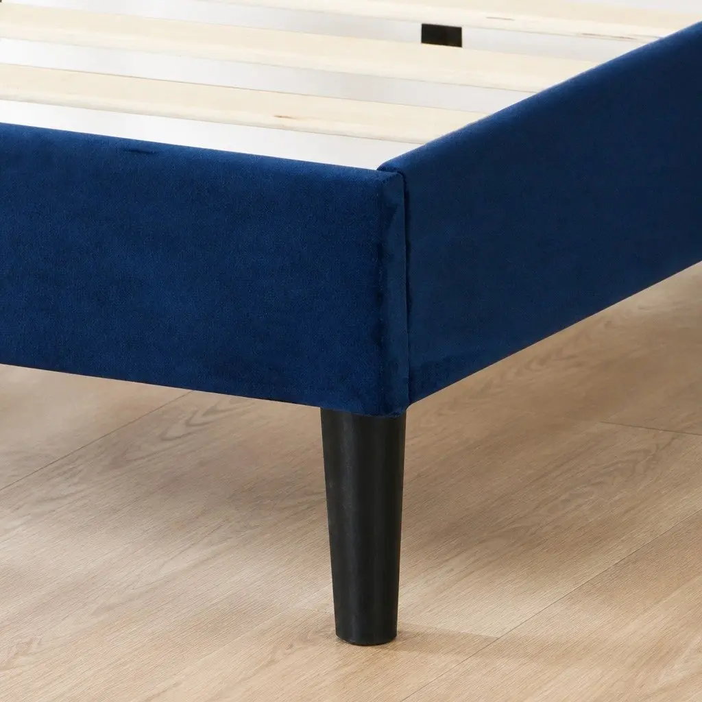 Queen Size Bed Frame with Velvet Headboard Wooden Slat Platform Mattress Base