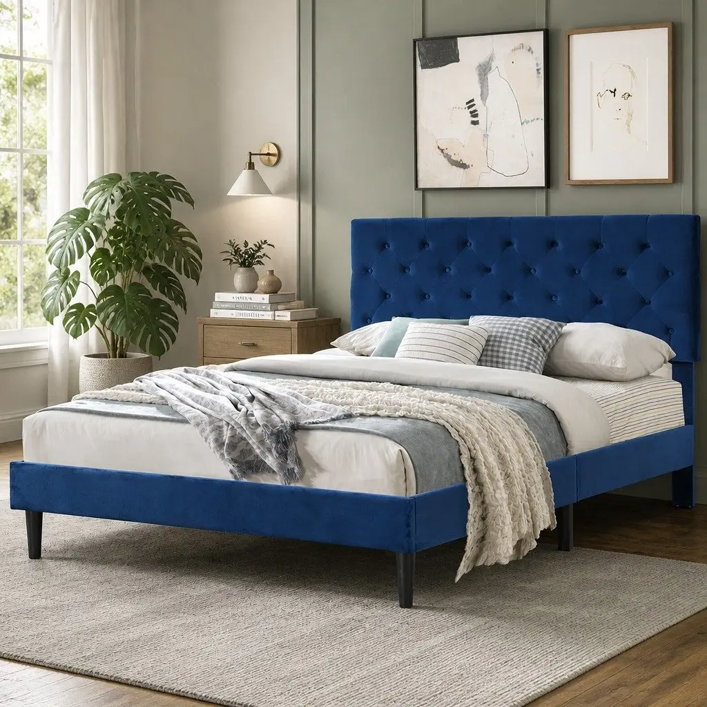 Queen Size Bed Frame with Velvet Headboard Wooden Slat Platform Mattress Base