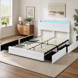 Queen Size Bed Frame with Storage and LED Lights