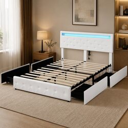 Queen Bed Frame with Storage Drawers and LED Lighting