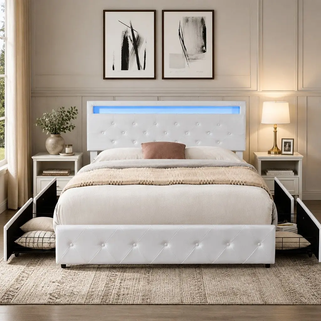 Queen Bed Frame with Storage Drawers USB Charging Ports RGB LED Lights Cream