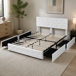 Queen Bed Frame with Storage Drawers and Support Beams