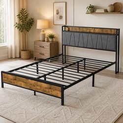 Double Bed Frame with Tufted Upholstered Headboard and Storage Solutions