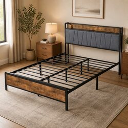 Queen Bed Frame with Tufted Headboard and Power Ports