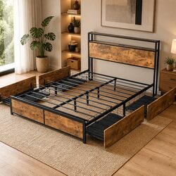 Queen Bed Frame with RGB LED, Storage Drawers and Charging