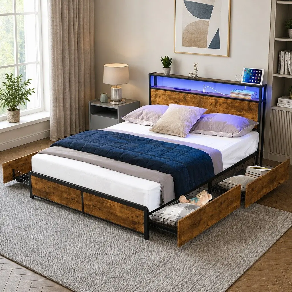 Queen Bed Frame with RGB LED Lighting Storage Drawers USB Charging Headboard Brown