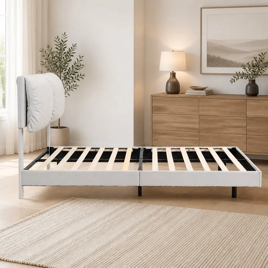 Queen Floating Bed Frame Adjustable Headrest LED Light Storage White