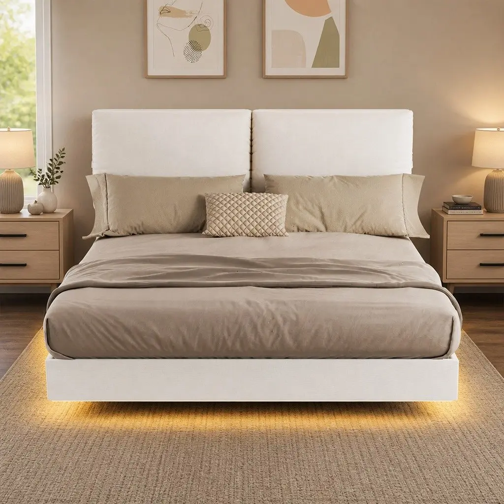 Queen Floating Bed Frame Adjustable Headrest LED Light Storage White
