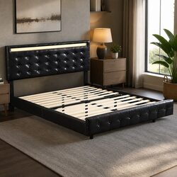 Queen Floating Bed Frame with Adjustable Headboard and LED