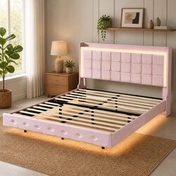 Floating Bed Frame with LED Light Strips and USB Charging Ports