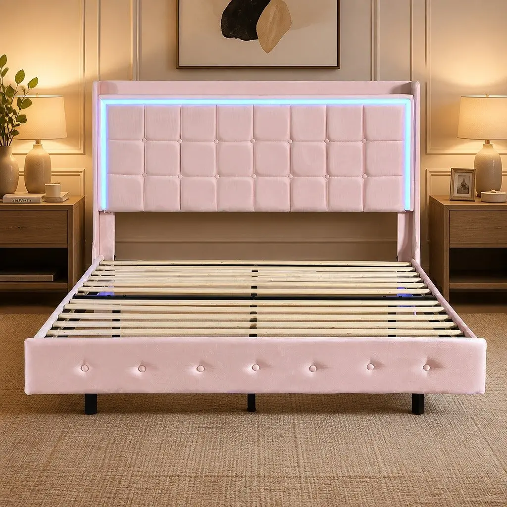 Double Floating Bed Frame with LED Light Strips USB Ports Modern Bedroom