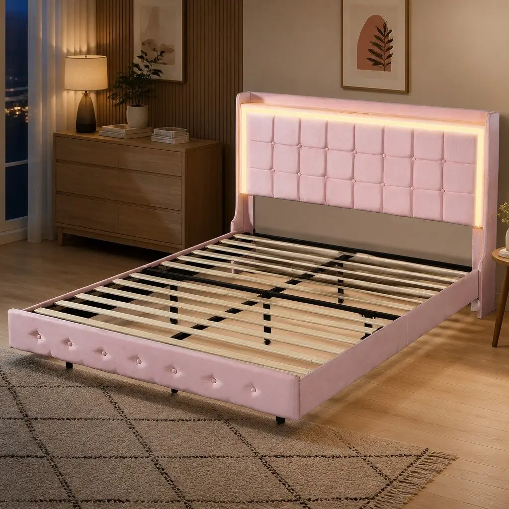 Queen Floating Bed Frame Velvet Pink with LED Light and USB Ports