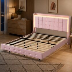 Queen Floating Bed Frame with LED Lighting and USB Ports
