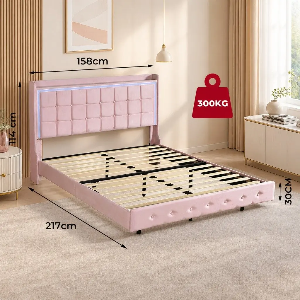 Queen Floating Bed Frame Velvet Pink with LED Light and USB Ports