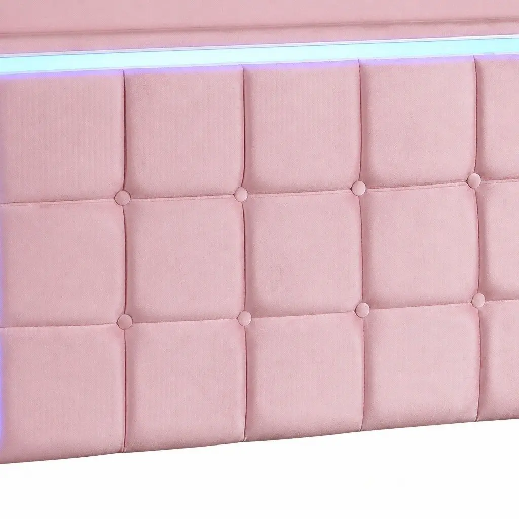 Queen Floating Bed Frame Velvet Pink with LED Light and USB Ports