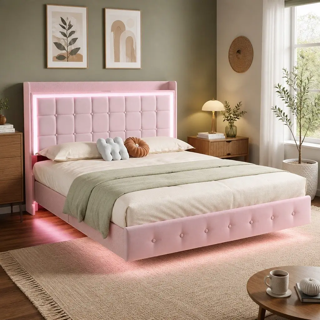 Queen Floating Bed Frame Velvet Pink with LED Light and USB Ports