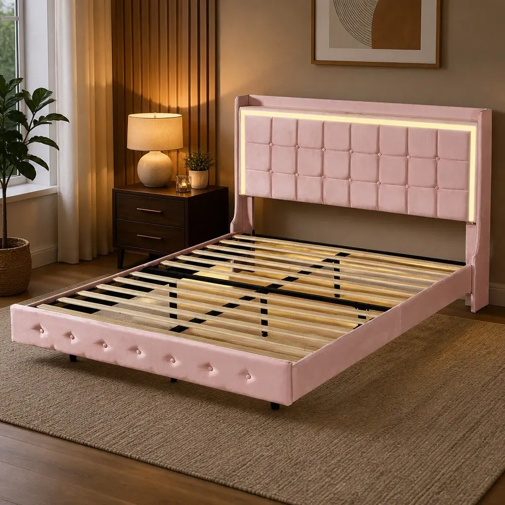 Queen Floating Bed Frame Velvet Pink with LED Light and USB Ports