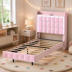 Single Floating Bed Frame with USB Charging in Pink