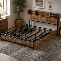 King Bed Frame with RGB LED Headboard and Storage Drawers