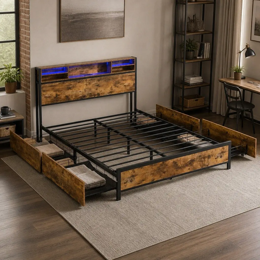 Queen Bed Frame with Charging Station LED Light Storage Drawers Brown