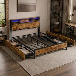 Queen Bed Frame with LED Lights and Charging Station