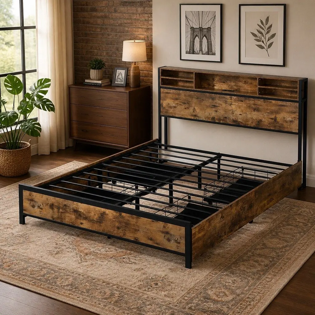 Queen Bed Frame with Charging Station LED Light Storage Drawers Brown
