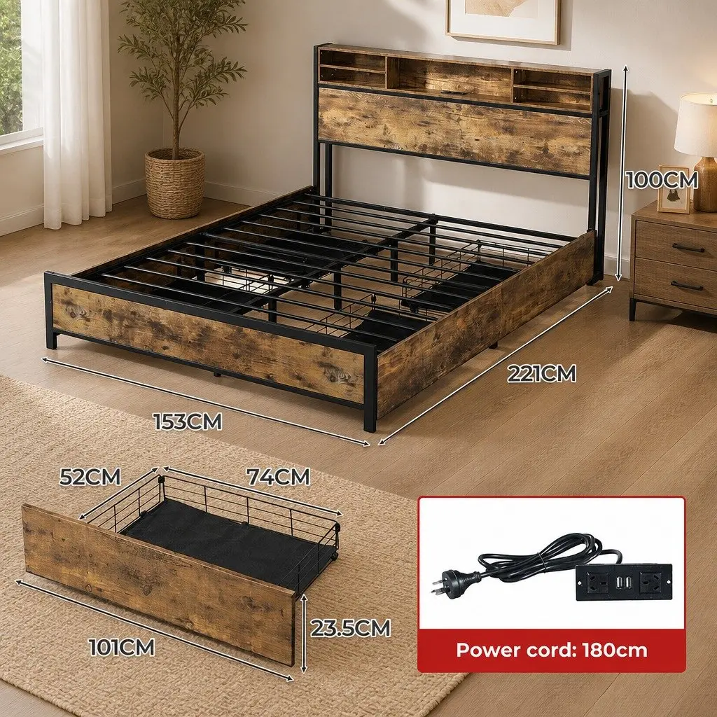 Queen Bed Frame with Charging Station LED Light Storage Drawers Brown