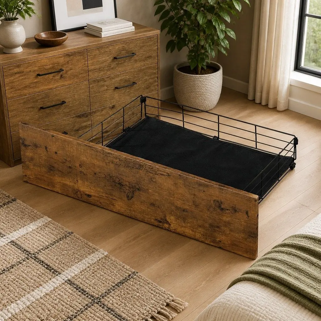 Queen Bed Frame with Charging Station LED Light Storage Drawers Brown