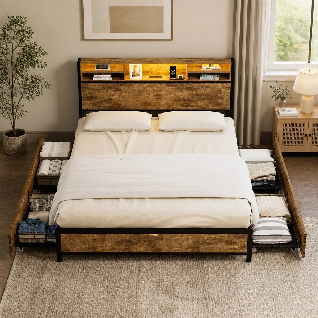 Queen Bed Frame with Charging Station LED Light Storage Drawers Brown