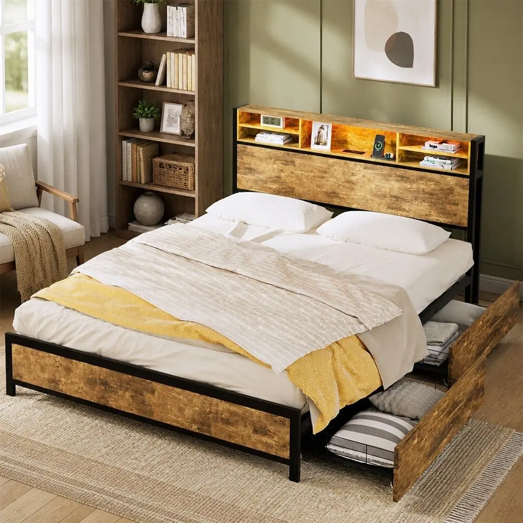 Queen Bed Frame with Charging Station LED Light Storage Drawers Brown