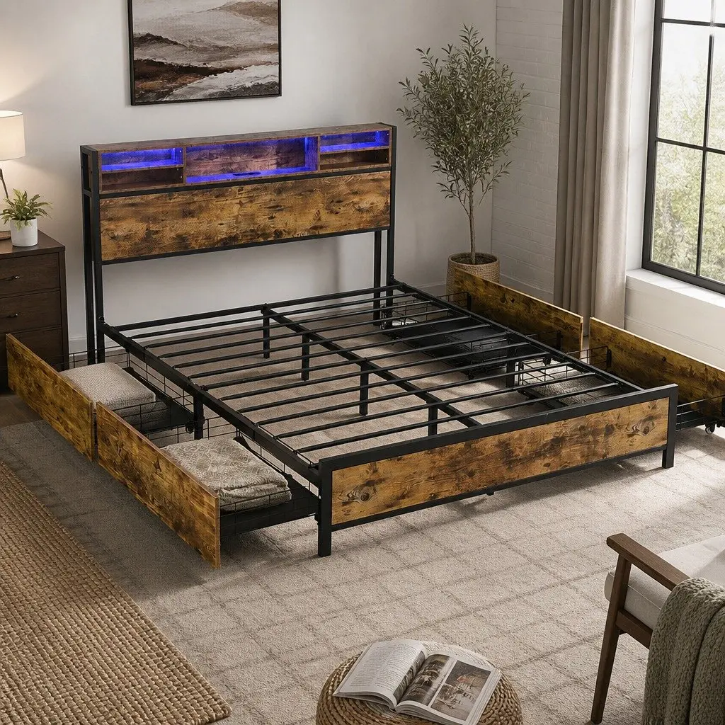 Queen Bed Frame with Charging Station LED Light Storage Drawers Brown