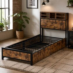 Single Bed Frame with Storage Drawers and Charging Station