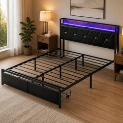 Double Metal Bed Frame with USB Charging and Drawers