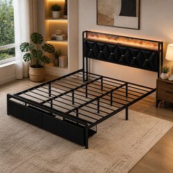 King Bed Frame with Metal Base and Integrated LED Lighting