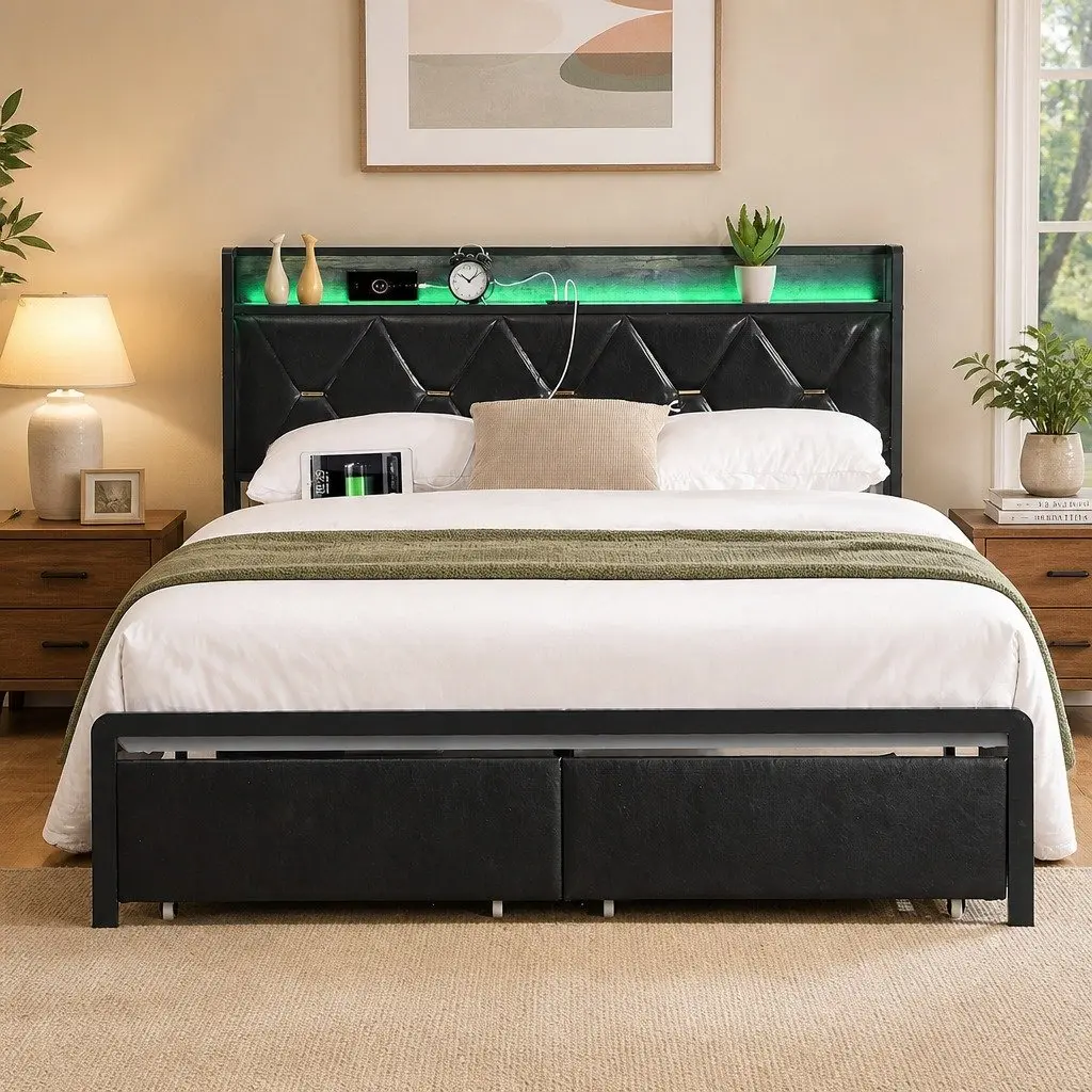King Bed Frame with LED Headboard USB Charging Storage Drawers Black Metal Base