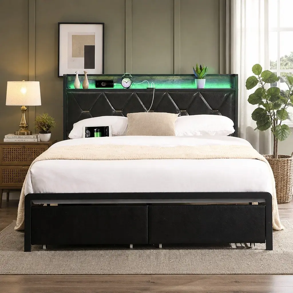 Metal Bed Frame with Storage Headboard and USB Charging