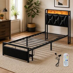 Single Bed Frame with Metal Slatted Base and Storage