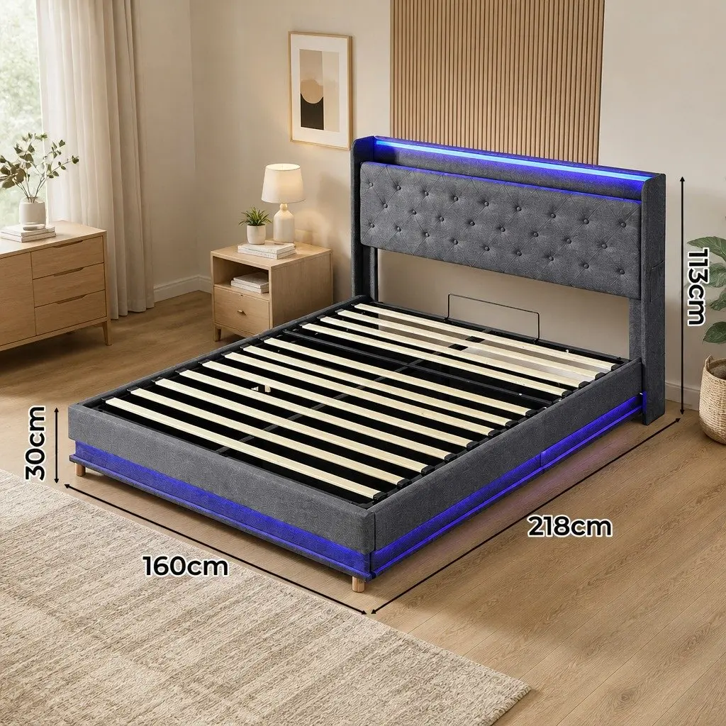 Upholstered Queen Bed Frame with Gas Lift Storage USB Charging LED Headboard Grey 218cm x 160cm x 113cm