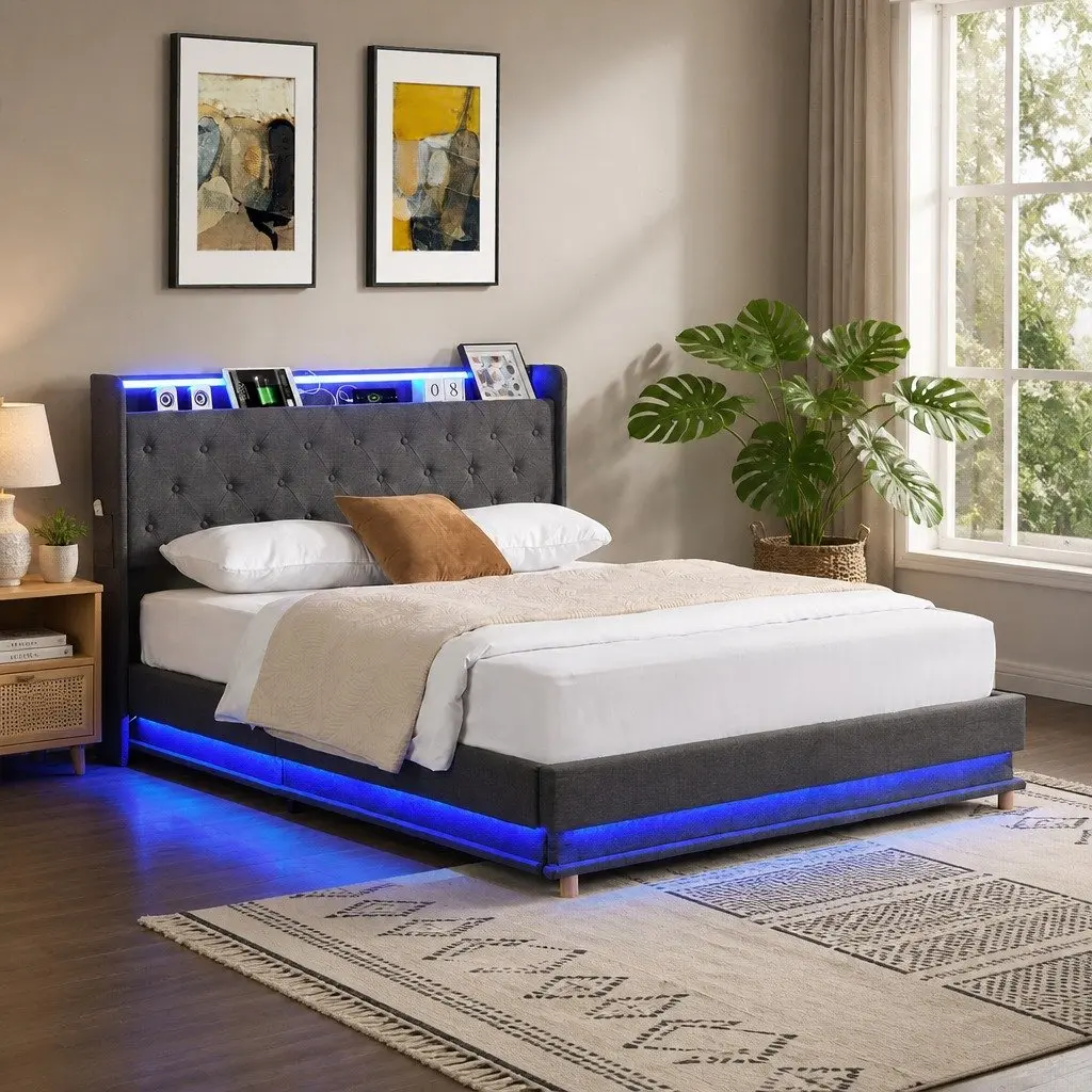 Upholstered Queen Bed Frame with Gas Lift Storage USB Charging LED Headboard Grey 218cm x 160cm x 113cm