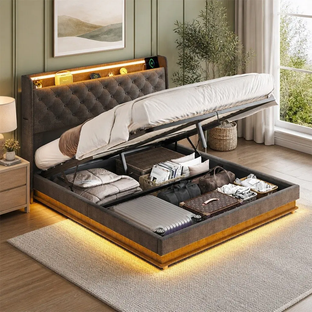 Upholstered Queen Bed Frame with Gas Lift Storage USB Charging LED Headboard Grey 218cm x 160cm x 113cm
